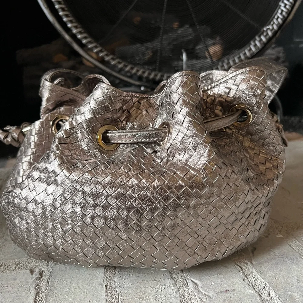 Elliott Lucca Aruba Metallic Woven Leather Hobo bag in Gold 13” x 9” x 9”